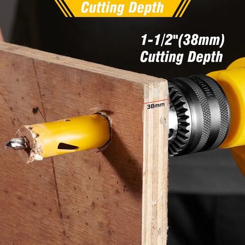 Pro Grade Bi Metal Hole Saw Kit 18 Piece M42 Steel Set drilling through wood, 1-1/2" cutting depth shown.
