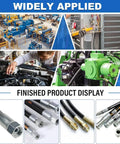 Heavy Duty Portable Electric Hydraulic Hose Crimping Machine With Eight Precision Dies And Forty Mpa Pressure For Rig Ready Automotive Repair And No Fuss Farm Shop Builds Aluminum Frame shown in various applications with finished products.