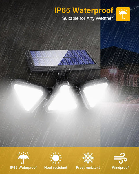 Solar Lights Outdoor Waterproof 180 LED 3 Heads Motion Sensor Flood Lights With 270 Degree Wide Angle illuminated in rain