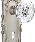 Old School Vintage Victorian Door Plate Set with Satin Nickel Finish, 2.375 Inch Backset, Privacy Lock, Lead Free Crystal Knob, Solid Brass