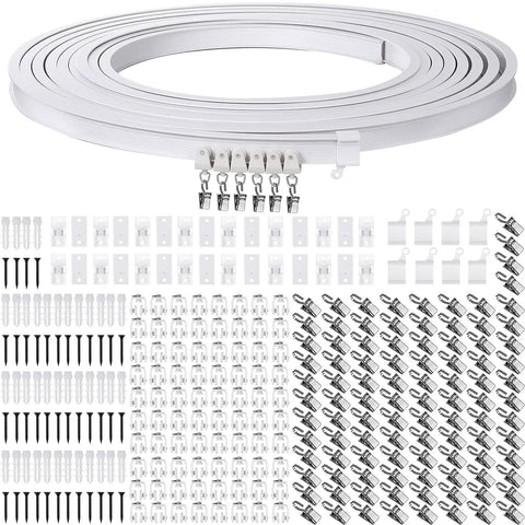 Bendable Ceiling Curtain Track System for Bay Windows and Room Dividers Flexible Curtain Rail Cut To Length White 9.8 Ft Easy DIY Install No Tools Required Ideal for Bunk Beds and Odd Shaped Windows. White 9.8 ft ceiling track kit with clips, carriers, and mounting hardware