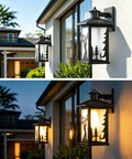 Two Pack Outdoor Wall Sconce Lights Waterproof Exterior Porch Fixtures With Rust Resistant Metal Housing Frosted Glass Deer Pattern And E26 Socket For Home Garage Patio Front Door, mounted on house wall