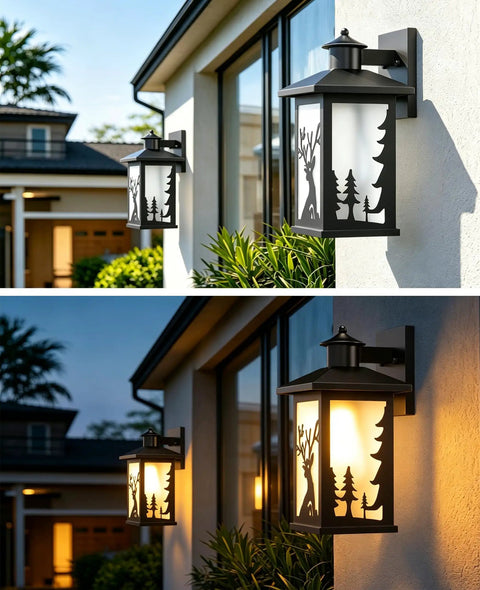 Two Pack Outdoor Wall Sconce Lights Waterproof Exterior Porch Fixtures With Rust Resistant Metal Housing Frosted Glass Deer Pattern And E26 Socket For Home Garage Patio Front Door, mounted on house wall