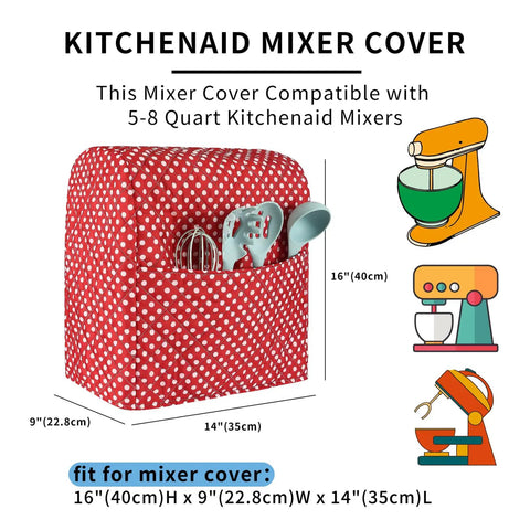 Red polka dot quilted cover on stand mixer. Durable Quilt Stand Mixer Cover For 6 To 8 Quart Tilt Head Bowls Keeps Dust Out.