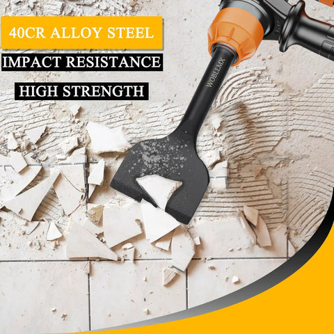Tile being removed with 5 Piece SDS Plus Tile Removal Chisel Set For Rotary Hammers With Wide Bent Angled Tips on concrete surface.