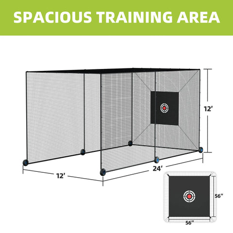 Mobile 24Ft Baseball Batting Cage With Wheels Portable Heavy Duty Hitting Cage Fully Enclosed Tunnel Kit With Frame And Netting Take Anywhere Backyard Park Driveway Gym Practice Foldable Frame And Quick Setup For Indoor Outdoor Use diagram