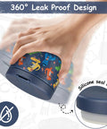 Hand holding 360° leak proof 12Oz Insulated Vacuum Food Jar With Buckle Lid For Hot Food Wide Mouth Thermo Lunch Container Leakproof Stainless Steel Kids Lunch Jar Blue Dinosaur Design Ideal For School And On The Go