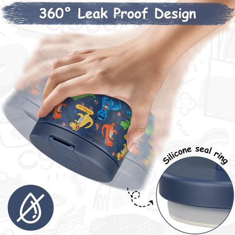 Hand holding 360° leak proof 12Oz Insulated Vacuum Food Jar With Buckle Lid For Hot Food Wide Mouth Thermo Lunch Container Leakproof Stainless Steel Kids Lunch Jar Blue Dinosaur Design Ideal For School And On The Go