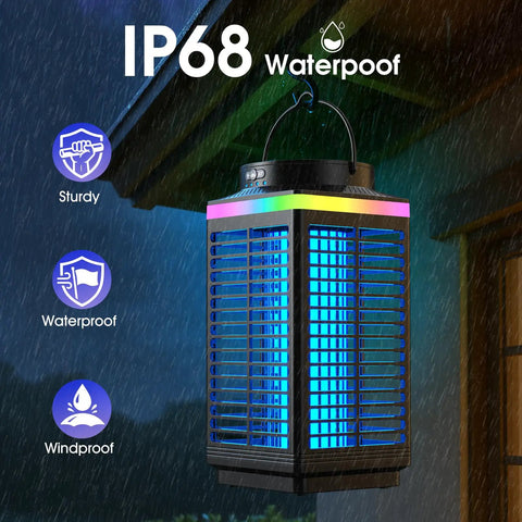 Outdoor Bug Zapper 4 In 1 4200V Electric Mosquito Zapper Rechargeable Cordless With 5000mAh Battery IP68 Waterproof shown hanging outdoors