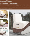 Heavy Duty Waterproof Outdoor Recliner Chair Cover For Patio And Lawn Fits Up To Thirty One Point Five Inch Deep 31 Inch Wide 41 Inch High 600D Oxford Tough As Nails Tear Resistant Weatherproof Beige And Brown, shown in rainy weather on patio.