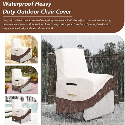Heavy Duty Waterproof Outdoor Recliner Chair Cover For Patio And Lawn Fits Up To Thirty One Point Five Inch Deep 31 Inch Wide 41 Inch High 600D Oxford Tough As Nails Tear Resistant Weatherproof Beige And Brown, shown in rainy weather on patio.