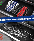 Super Magnetic Wrench Organizer Two Pack Holds Twelve Heavy Ratchets Each For Twenty Four Total Tools Fits Sae And Metric Stubby Styles keeping wrenches organized in a drawer.