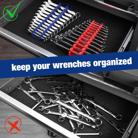 Super Magnetic Wrench Organizer Two Pack Holds Twelve Heavy Ratchets Each For Twenty Four Total Tools Fits Sae And Metric Stubby Styles keeping wrenches organized in a drawer.