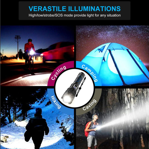 Rechargeable UV Flashlight 3 In 1 Black Light LED Tactical Flashlight shown in cycling, camping, hiking, and caving scenarios.
