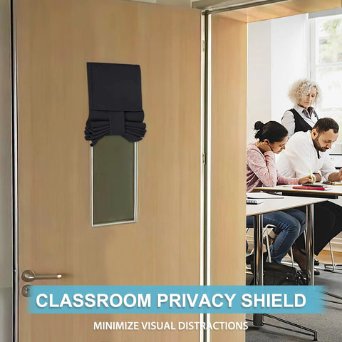 No Drill Classroom Blackout Window Shade For Doors And Windows Stick On Lockdown Shade With Strong Adhesive Straps Quick One Minute Install Blocks Light And Views W8 By L36 1 Panel Black installed on door glass panel in classroom.