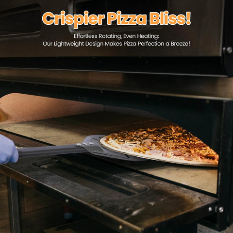Leightszen pizza turning peel, aluminum gray, long-handled tool used to slide a pizza into an oven.