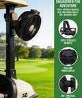 8 Inch Magnetic Golf Cart Fan with Heavy Duty Strap and 12000mAh Battery on EZGO golf cart in a field setting