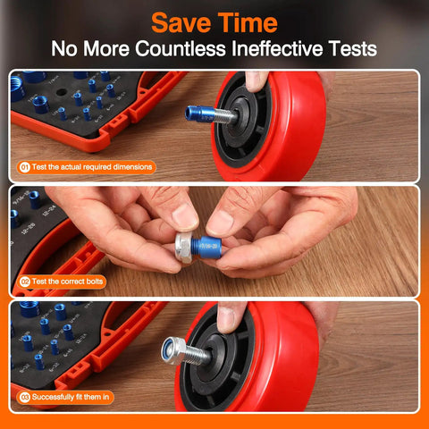 Using 64-Piece Nut And Bolt Thread Checker Kit With 30 Standard And 34 Metric Gauges for precise bolt sizing