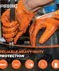 Mechanic wearing Orange Nitrile 8 Mil Heavy Duty Gloves With Raised Diamond Grip for Mechanics XL while working on car part
