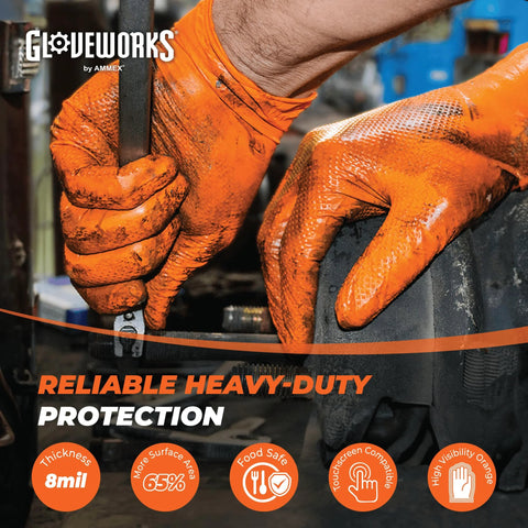 GLOVEWORKS orange nitrile work gloves, 8 mil, XL, raised diamond grip, close-up of hands gripping a tool