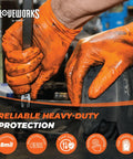 Mechanic using Orange 8 Mil Nitrile Disposable Gloves Heavy Duty For Mechanic And Auto Shop Work Latex Free Powder Free Puncture And Chemical Resistant XXL 2 Boxes Of 100 while working on an engine