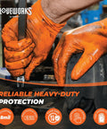 Person wearing Orange 8 Mil Nitrile Disposable Gloves Heavy Duty Chemical Resistant Powder Free Latex Free for auto work.