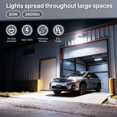 Wicked Bright 30W Outdoor Wall Pack Light With 3600 Lumens And 5000K Daylight LED illuminating a garage at night