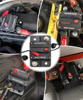 120 Amp Car Circuit Breaker with Manual Reset installed in various power systems showing wire lugs and copper washers.