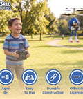 Boy playing with Sonic The Hedgehog IR RC Jetpack Helicopter Toy With LED Lights and Twin Rotors in a park