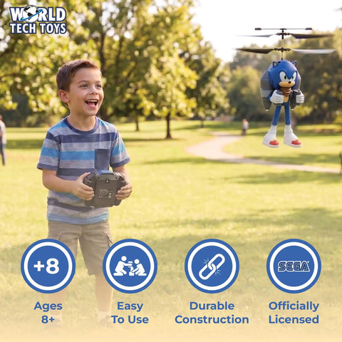 Boy playing with Sonic The Hedgehog IR RC Jetpack Helicopter Toy With LED Lights and Twin Rotors in a park