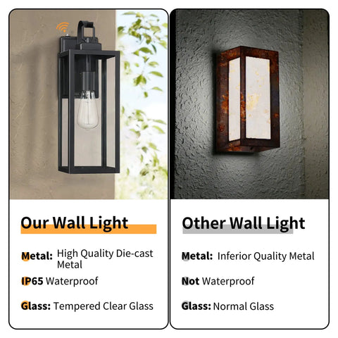Comparison of large outdoor wall light with dusk to dawn sensor and other wall light, highlighting material and waterproof features.