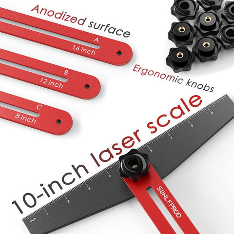 Premium Adjustable Stair Tread Template And Rock Solid Woodworking Gauge For Hella Easy Measurements With Adjustable Length Extensions For Any Floor Leveling Or Deck Project That Delivers Big Time Accuracy On Site, showing anodized measuring tools.