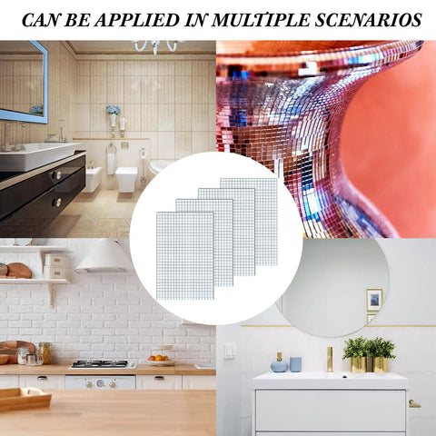 Collage with Self Adhesive Disco Mirror Tiles Mosaic Kit 5x5 mm Silver in bathroom, kitchen, and home decor applications.