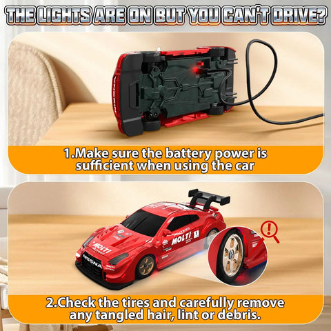 Red 1 to 43 Scale Mini RC Drift Car With Gyro, Dope 2.4GHz Full Proportional Steering And Throttle, high speed model on table.