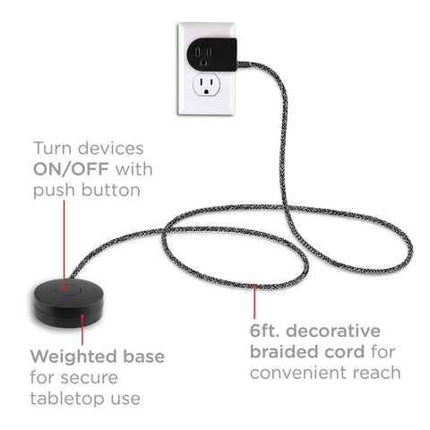 Six Foot Braided Extension Cord With On Off Switch For Lamps And Holiday Lights Easy No Fuss Wall Or Tabletop Mount 3 Prong Plug Slip Resistant Base Black Behind Furniture For Routers shown plugged into wall outlet with weighted base