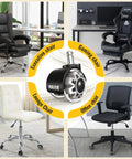 Image showing Dead Quiet Two Inch Office Chair Casters Fit Ikea 1Kea Compatible on various chairs, including gaming and executive styles.