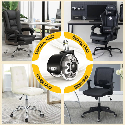 Image showing Dead Quiet Two Inch Office Chair Casters Fit Ikea 1Kea Compatible on various chairs, including gaming and executive styles.