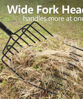 Heavy Duty Garden Pitch Fork With 10 Tines And Wide Head 45 Inch Fiberglass Handle Durable Bedding Fork in use on hay pile