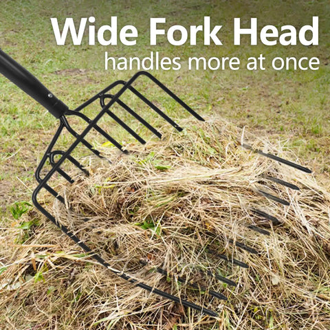 Heavy Duty Garden Pitch Fork With 10 Tines And Wide Head 45 Inch Fiberglass Handle Durable Bedding Fork in use on hay pile