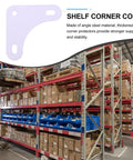 Heavy Duty White Steel Corner Braces 8 Pack L Shaped Triangular Supports for Furniture and Shelving shown in warehouse