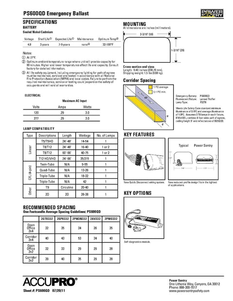 Diagram and specifications for Emergency Battery Backup For Fluorescent Lights, T8 Compatible Ballast, 600 Lumen Output, 90 Minute Standby Power, UL Listed, MVOLT M12.