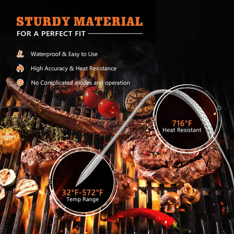 Two Pack Meat Probe Replacement Kit With Thermometer Holder Clip For Recteq Wood Pellet Grills shown on a sizzling grill