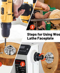 Heavy Duty Three Inch Steel Wood Lathe Faceplate With 1-1/4 X 8 Tpi Thread And Twelve Bolt Holes in use with drill and wood.