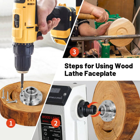 Heavy Duty Three Inch Steel Wood Lathe Faceplate With 1-1/4 X 8 Tpi Thread And Twelve Bolt Holes in use with drill and wood.