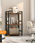Three Tier Narrow Bookshelf With Heavy Duty Steel Frame Rustic Brown Bookcase Storage Organizer For Living Room Home Office Display Rack in a cozy corner