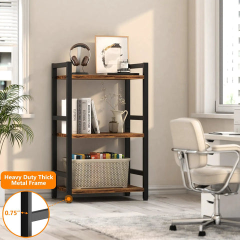 Three Tier Narrow Bookshelf With Heavy Duty Steel Frame Rustic Brown Bookcase Storage Organizer For Living Room Home Office Display Rack in a cozy corner