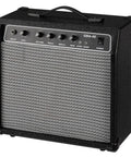 40W Portable Bass Amp With 8 Inch Speaker Retractable Handle Perfect For Practice Or Live Gigs Room Shaking Bass Tone Crisp Clarity One Eighth Inch Aux Input Five Button Control Compact Black with visible control panel and handle