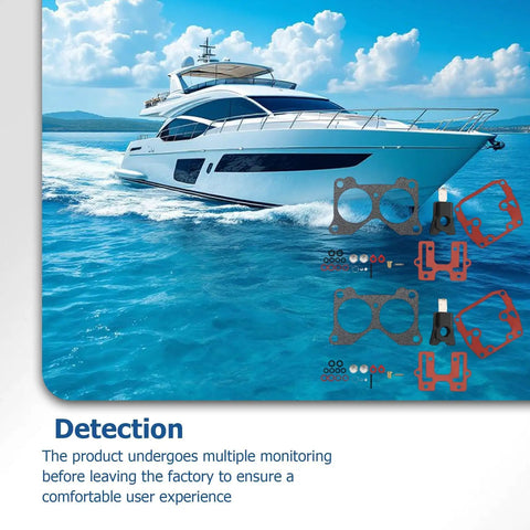 Boat on water with Two Pack Carburetor Repair Kit With Float, Needle And Seat, Gaskets And O Rings For V4 85 140HP Outboard Motors displayed
