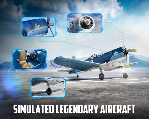 Brushless RC Plane With 4 Channel Remote Control Aerobatic 2.4 GHz Aircraft With 6 Axis Gyro Stabilizer And 3 Flight Modes, Blue F4U Corsair Edition on runway.