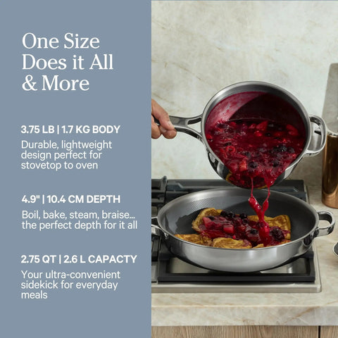 Mini Titanium Perfect Pot Pro 2.75 Qt Cooking Pot With Lid And Silicone Spoon, PFAS-Free No-Coating Nonstick in use with sauce